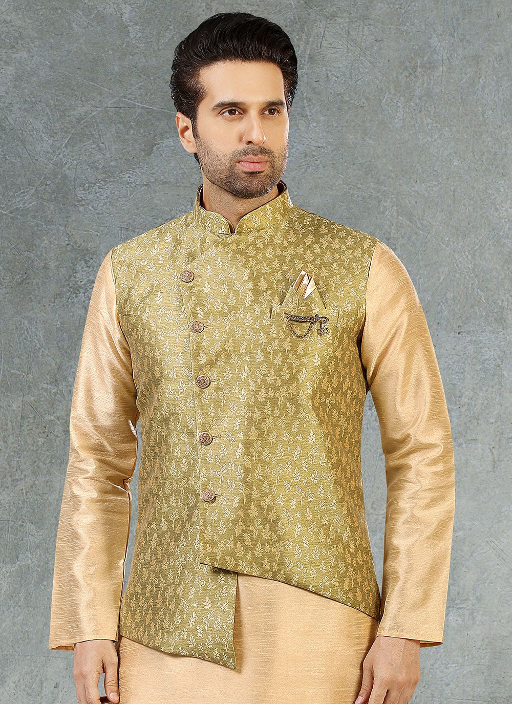 Jacquard Work Banarasi Silk, Jacquard Beige, Green Kurta Payjama With Jacket - M2357