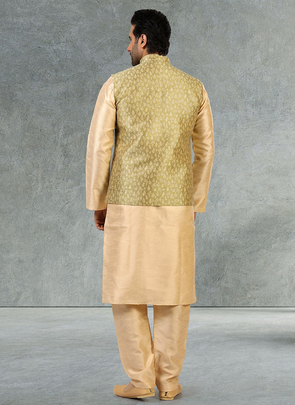 Jacquard Work Banarasi Silk, Jacquard Beige, Green Kurta Payjama With Jacket - M2357