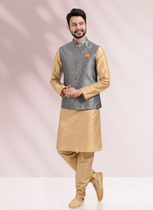 Jacquard Work Banarasi Silk, Jacquard Beige, Grey Kurta Payjama With Jacket - M4874