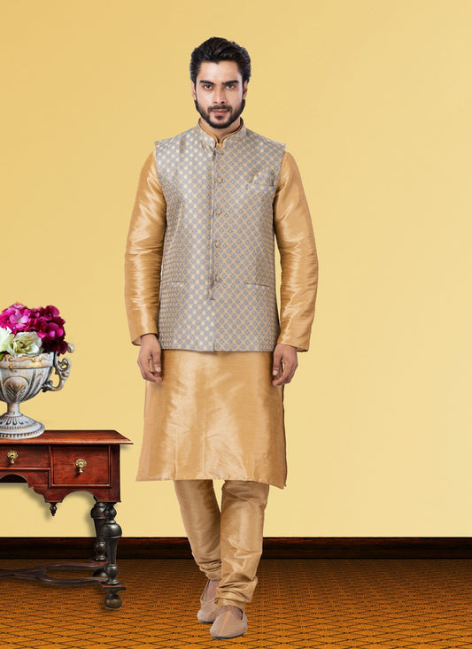 Jacquard Work Dupion Silk Beige, Grey Kurta Payjama With Jacket - M3760