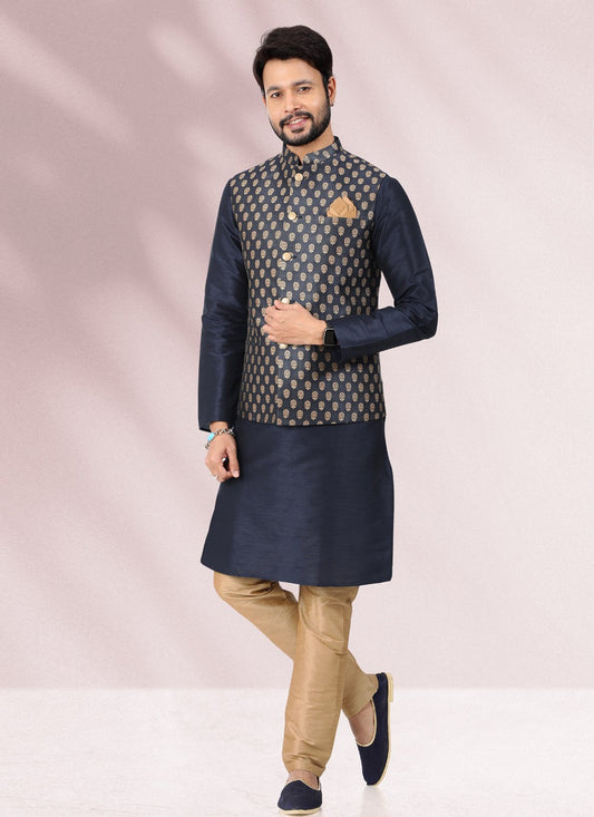 Jacquard Work Banarasi Silk, Jacquard Blue Kurta Payjama With Jacket - M4878