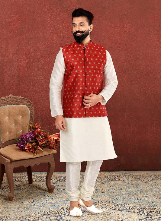 Jacquard Work Jacquard Silk Off White, Red Kurta Payjama With Jacket - M2559