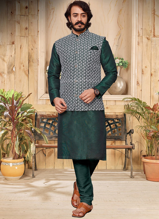 Lucknowi Work Art Raw Silk Green Kurta Payjama With Jacket - M2027