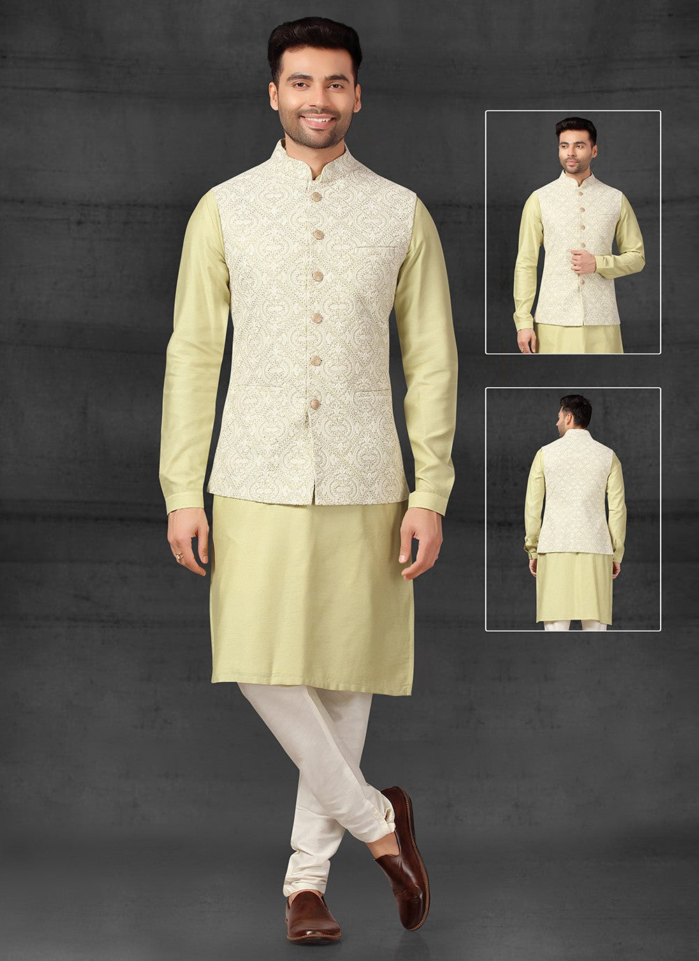 Lucknowi Work Silk Green Kurta Payjama With Jacket - M4101