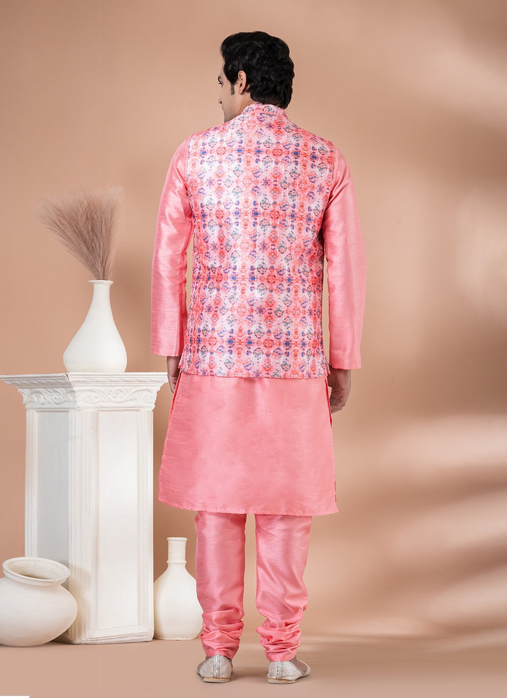 Plain Banarasi Silk Pink Kurta Payjama With Jacket - M7717