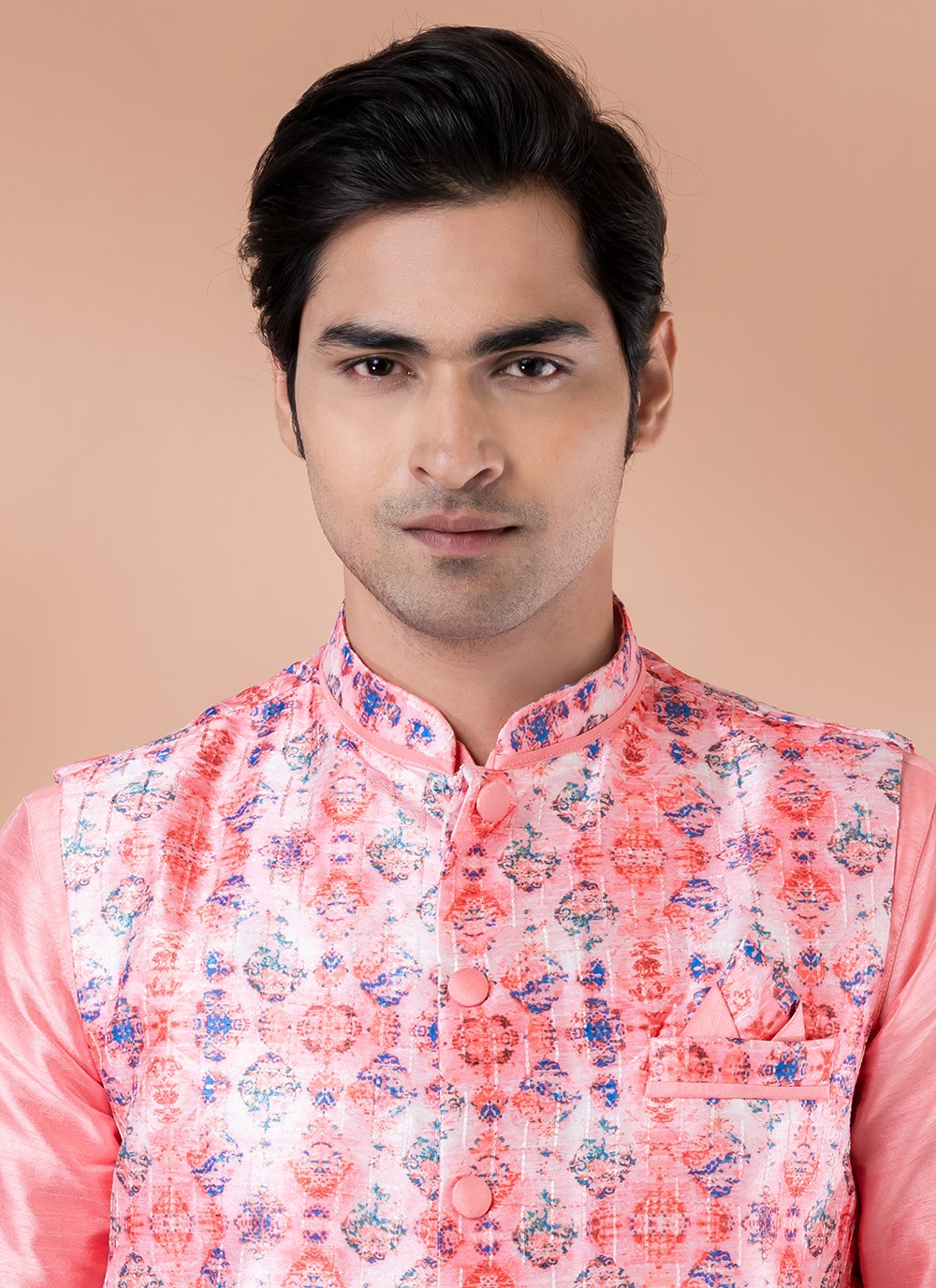 Plain Banarasi Silk Pink Kurta Payjama With Jacket - M7717