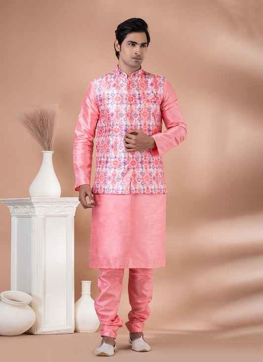 Plain Banarasi Silk Pink Kurta Payjama With Jacket - M7717