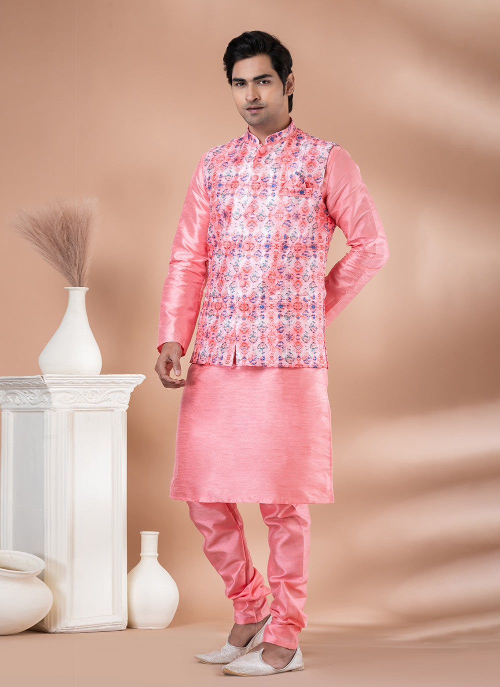 Plain Banarasi Silk Pink Kurta Payjama With Jacket - M7717