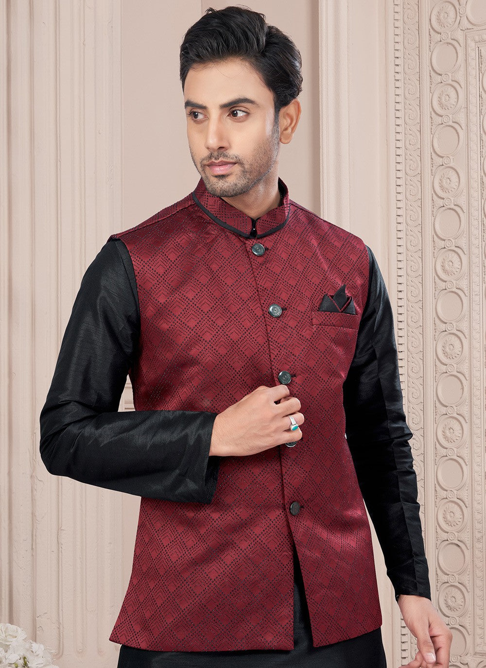 Printed Banarasi Jacquard, Dupion Silk Black, Maroon Kurta Payjama With Jacket - M8677