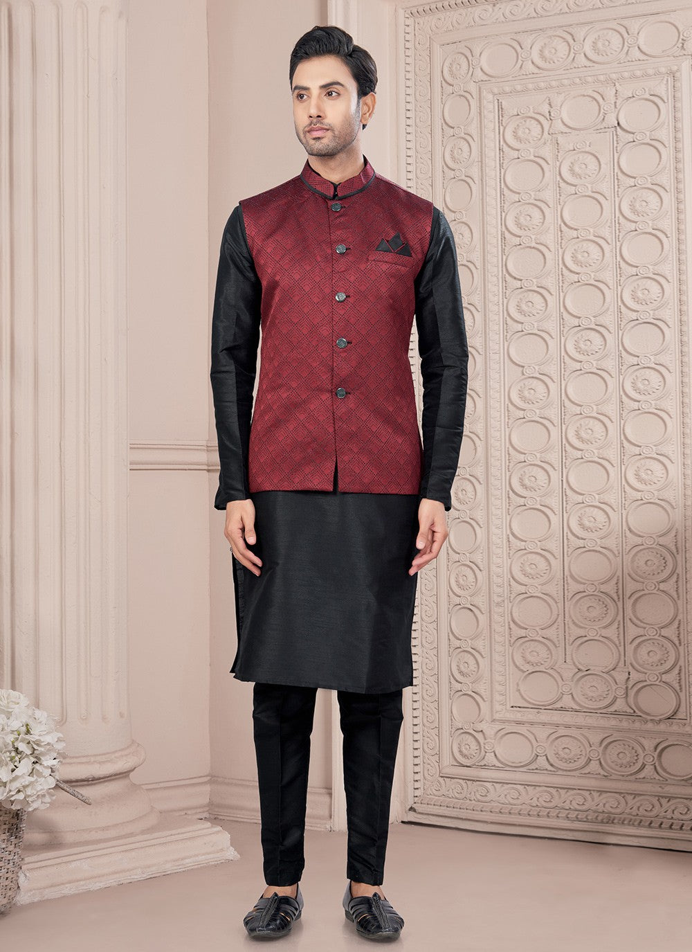 Printed Banarasi Jacquard, Dupion Silk Black, Maroon Kurta Payjama With Jacket - M8677