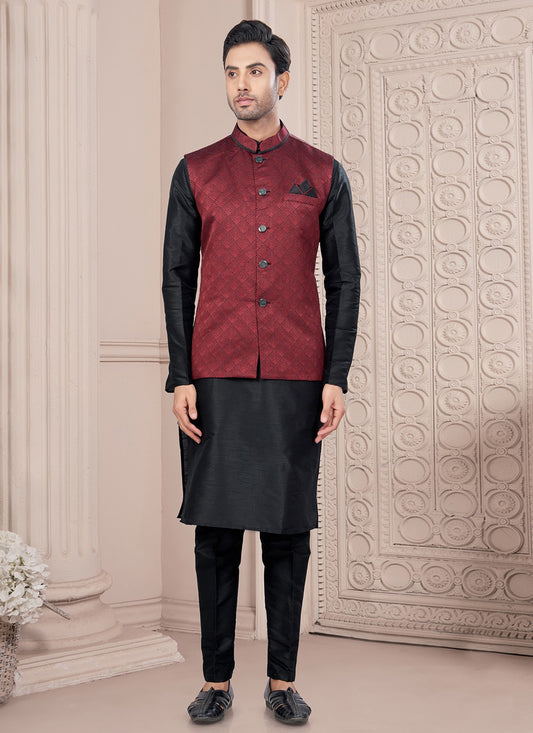 Printed Banarasi Jacquard, Dupion Silk Black, Maroon Kurta Payjama With Jacket - M8677