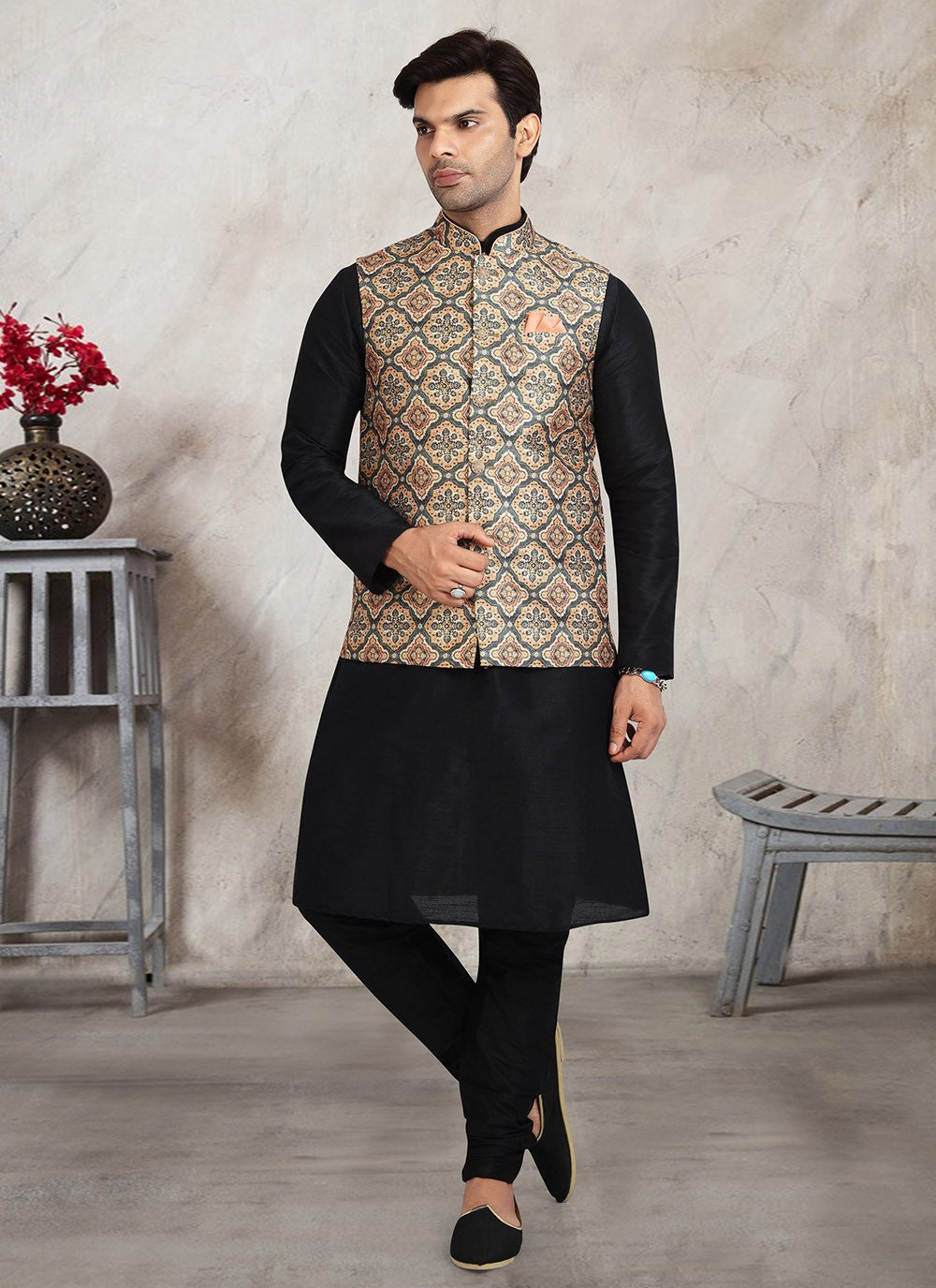 Printed Banarasi Silk Black Kurta Payjama With Jacket - M2726