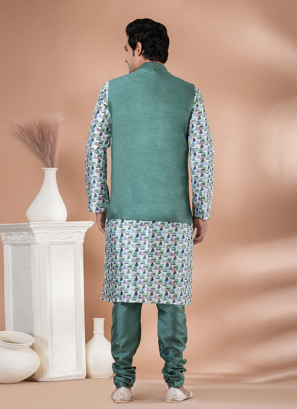 Printed Banarasi Silk Green, Multi Colour Kurta Payjama With Jacket - M7707