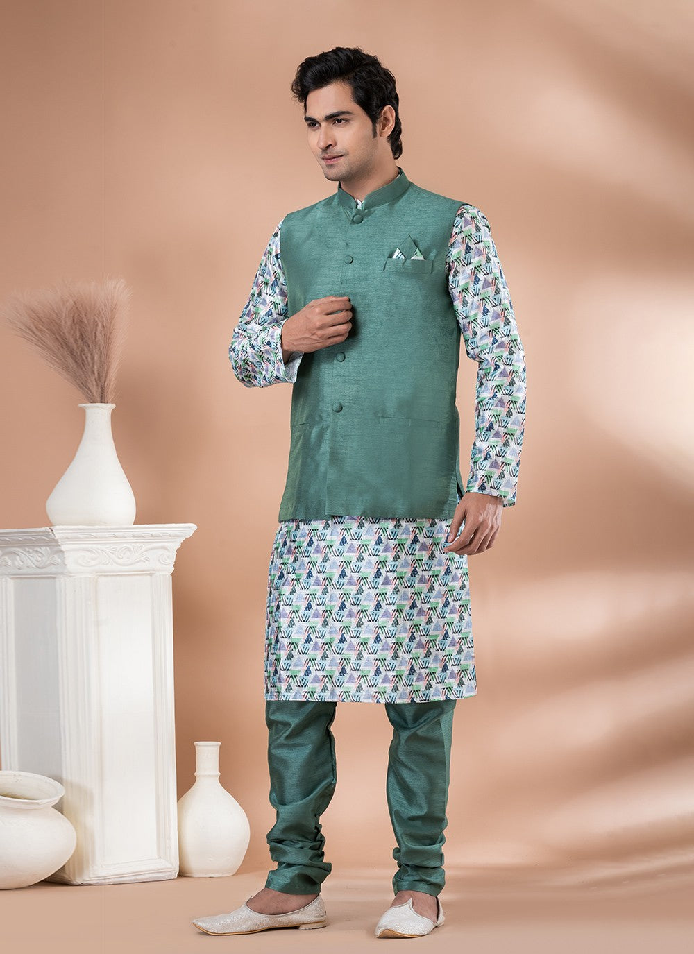 Printed Banarasi Silk Green, Multi Colour Kurta Payjama With Jacket - M7707