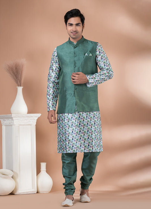 Printed Banarasi Silk Green, Multi Colour Kurta Payjama With Jacket - M7707