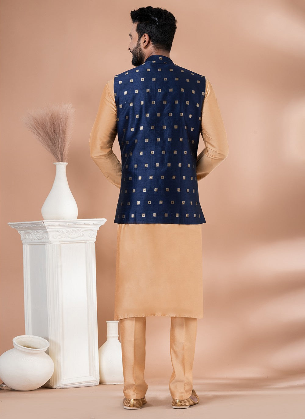 Plain Malbari Silk, Viscose Brown, Navy Blue Kurta Payjama With Jacket - M7729