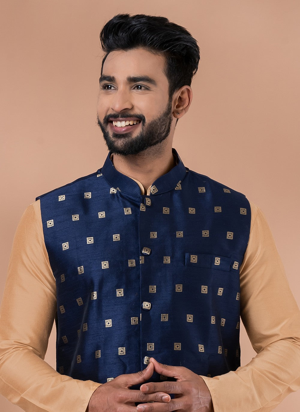 Plain Malbari Silk, Viscose Brown, Navy Blue Kurta Payjama With Jacket - M7729