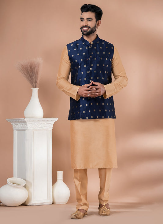 Plain Malbari Silk, Viscose Brown, Navy Blue Kurta Payjama With Jacket - M7729