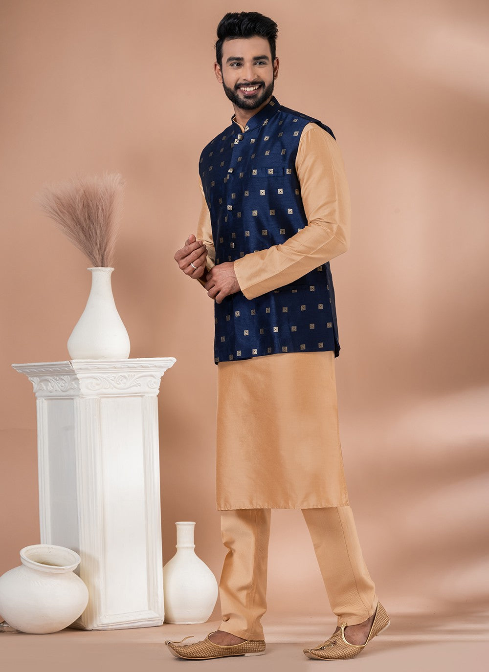 Plain Malbari Silk, Viscose Brown, Navy Blue Kurta Payjama With Jacket - M7729