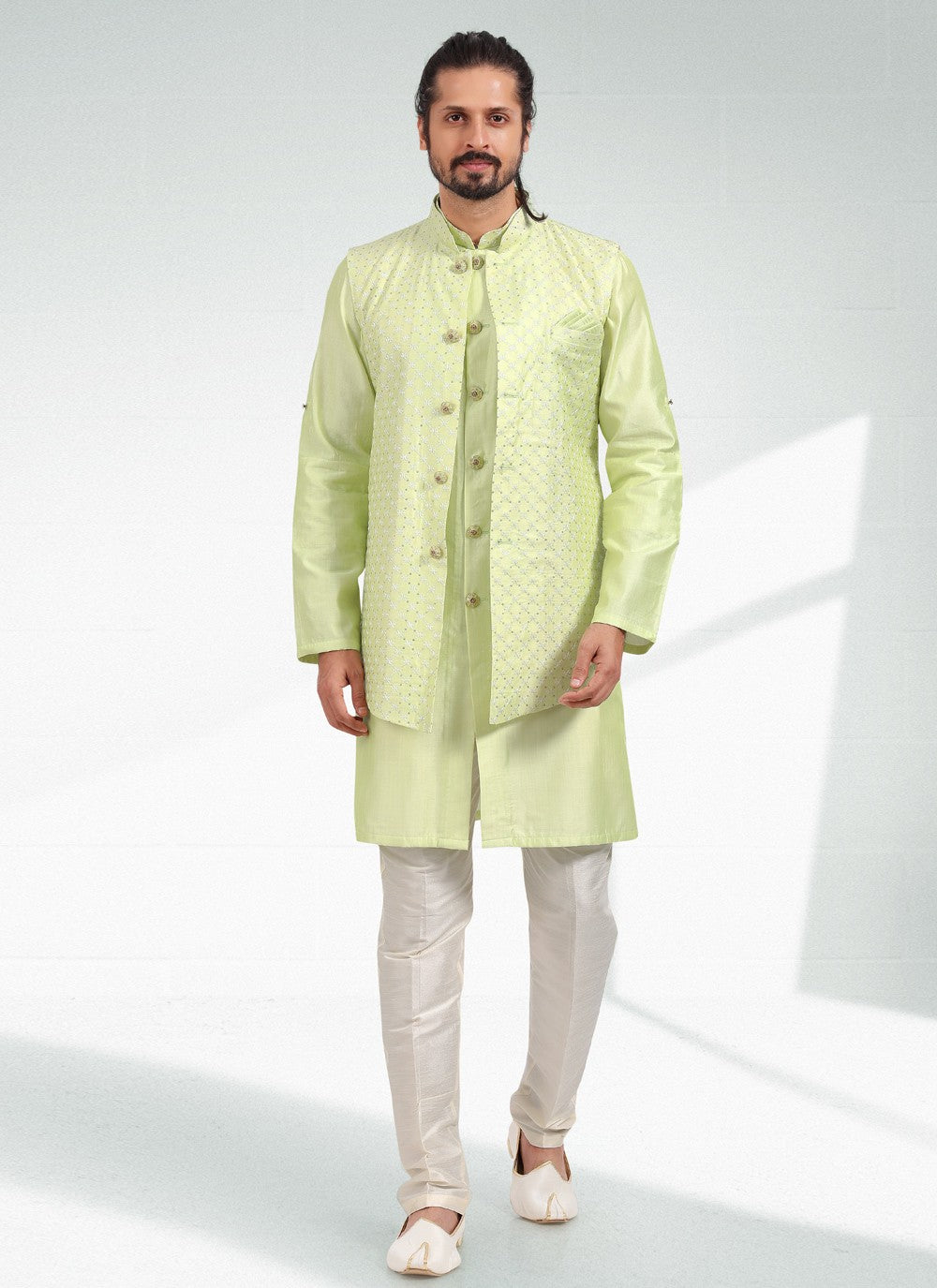 Thread Banarasi Silk Green Kurta Payjama With Jacket - M4608