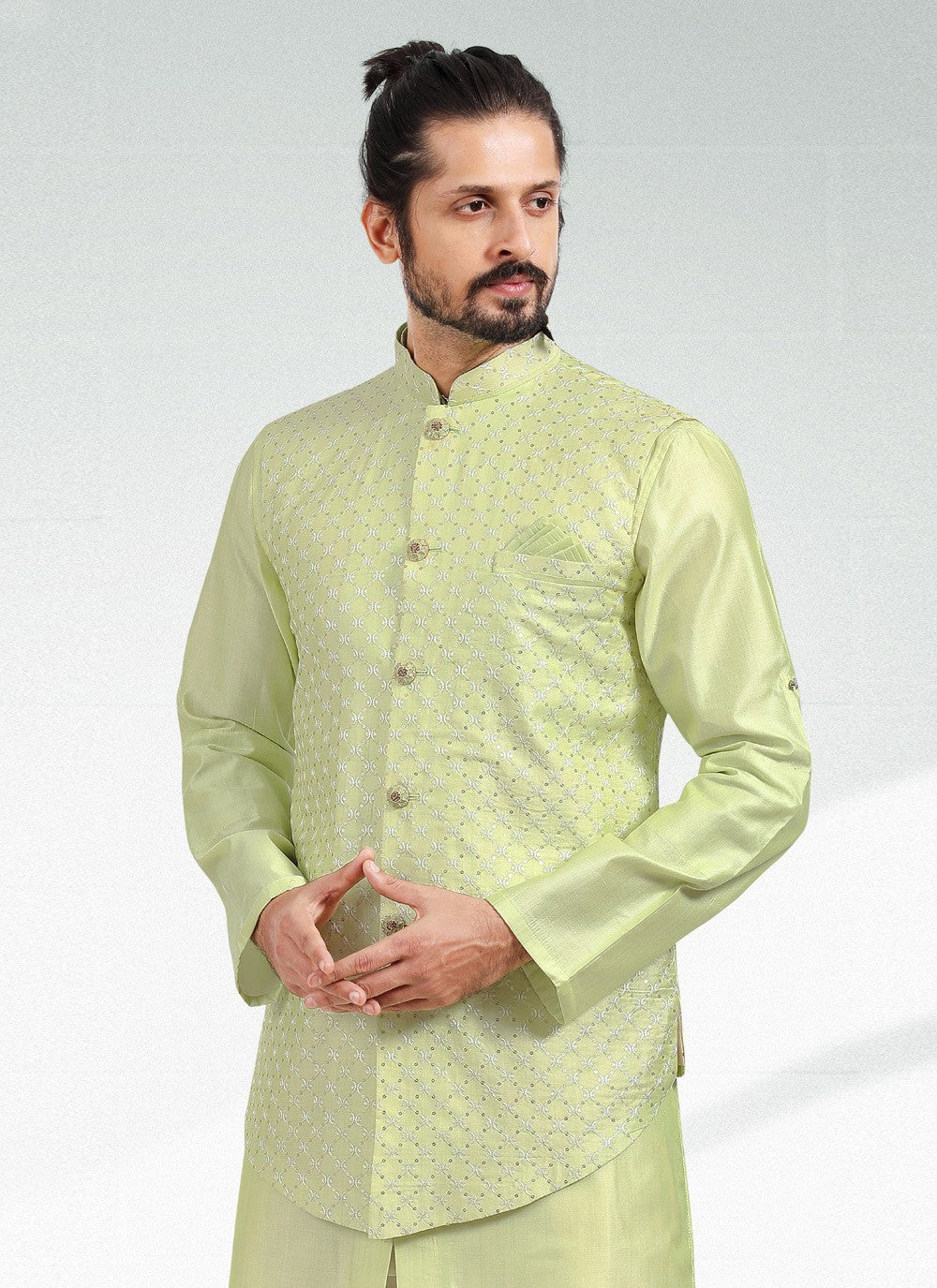 Thread Banarasi Silk Green Kurta Payjama With Jacket - M4608