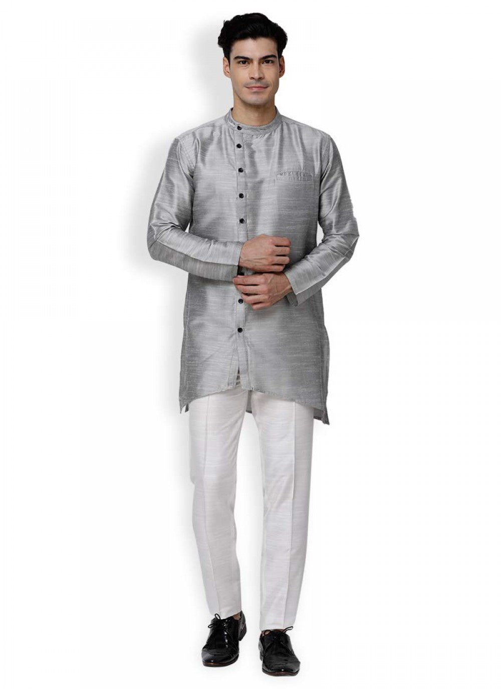 Plain Art Dupion Silk Grey Kurta - M1190