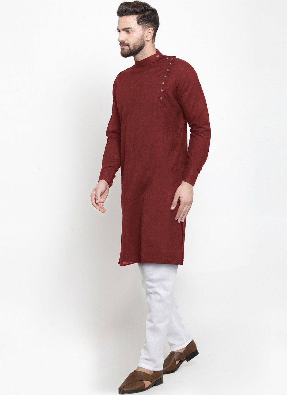 Buttons Blended Cotton Maroon Kurta Pyjama - M4509