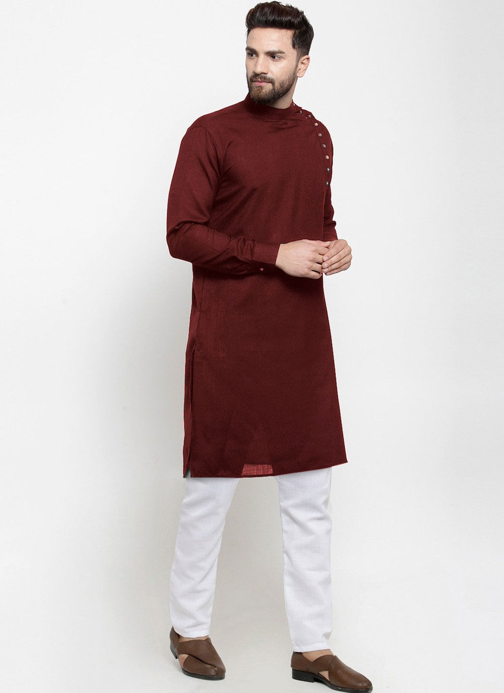 Buttons Blended Cotton Maroon Kurta Pyjama - M4509