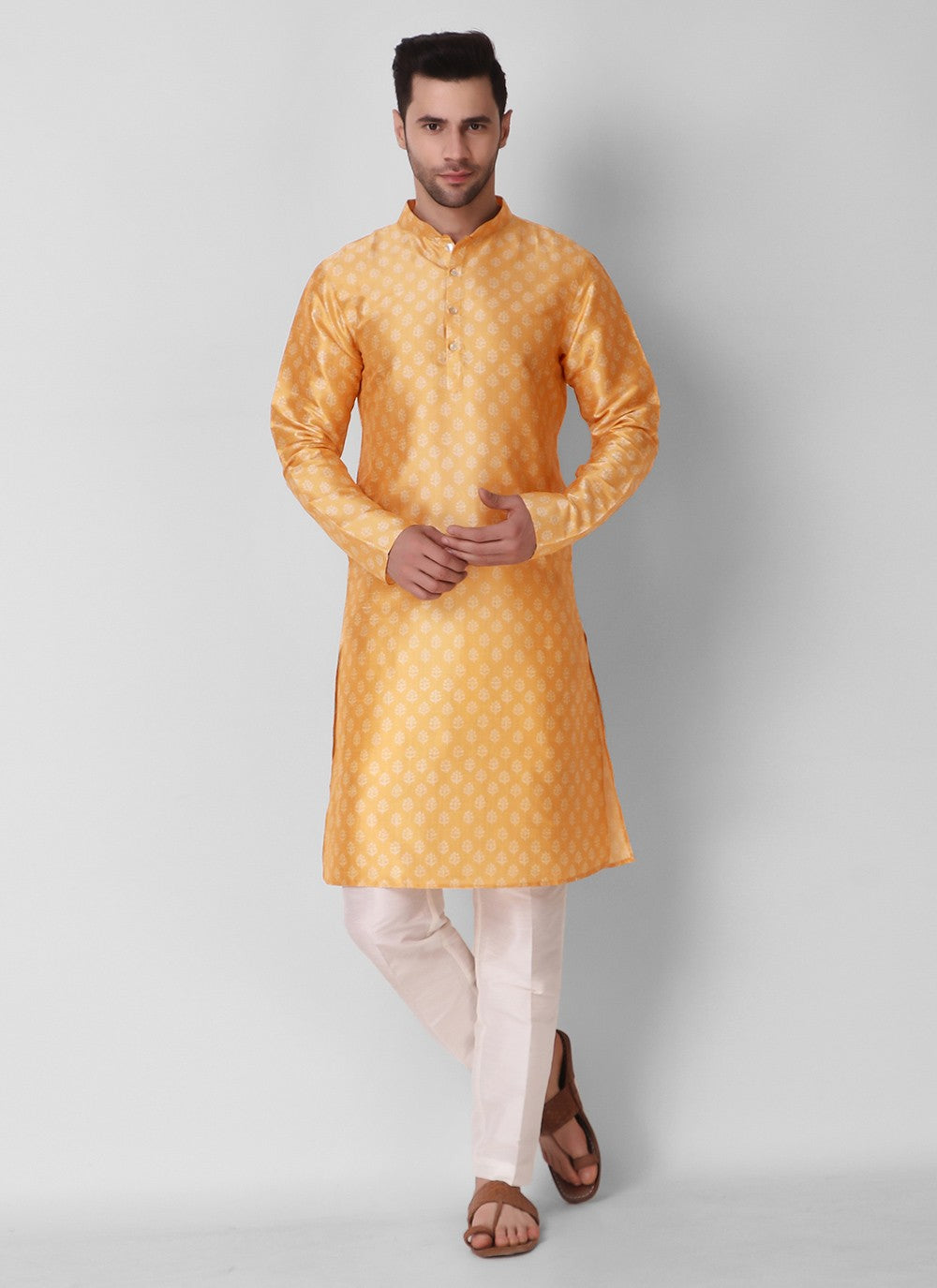 Digital Print Art Silk Yellow Kurta Pyjama - M3117