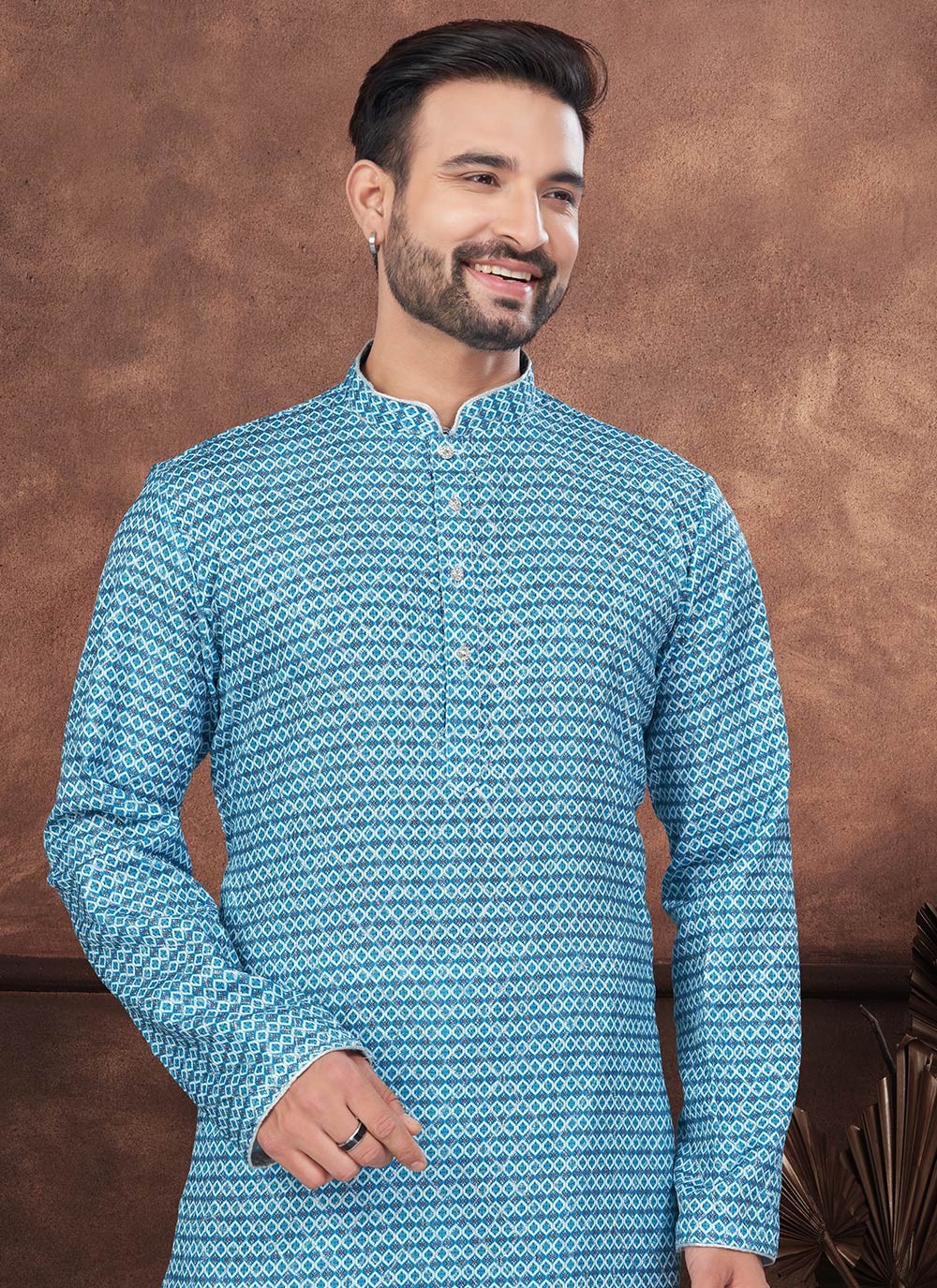 Digital Print Jacquard Blue Kurta Pyjama - M8694