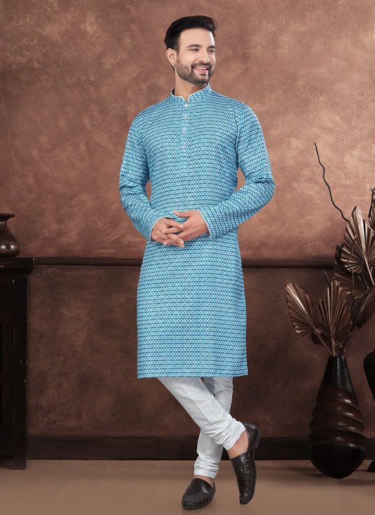 Digital Print Jacquard Blue Kurta Pyjama - M8694