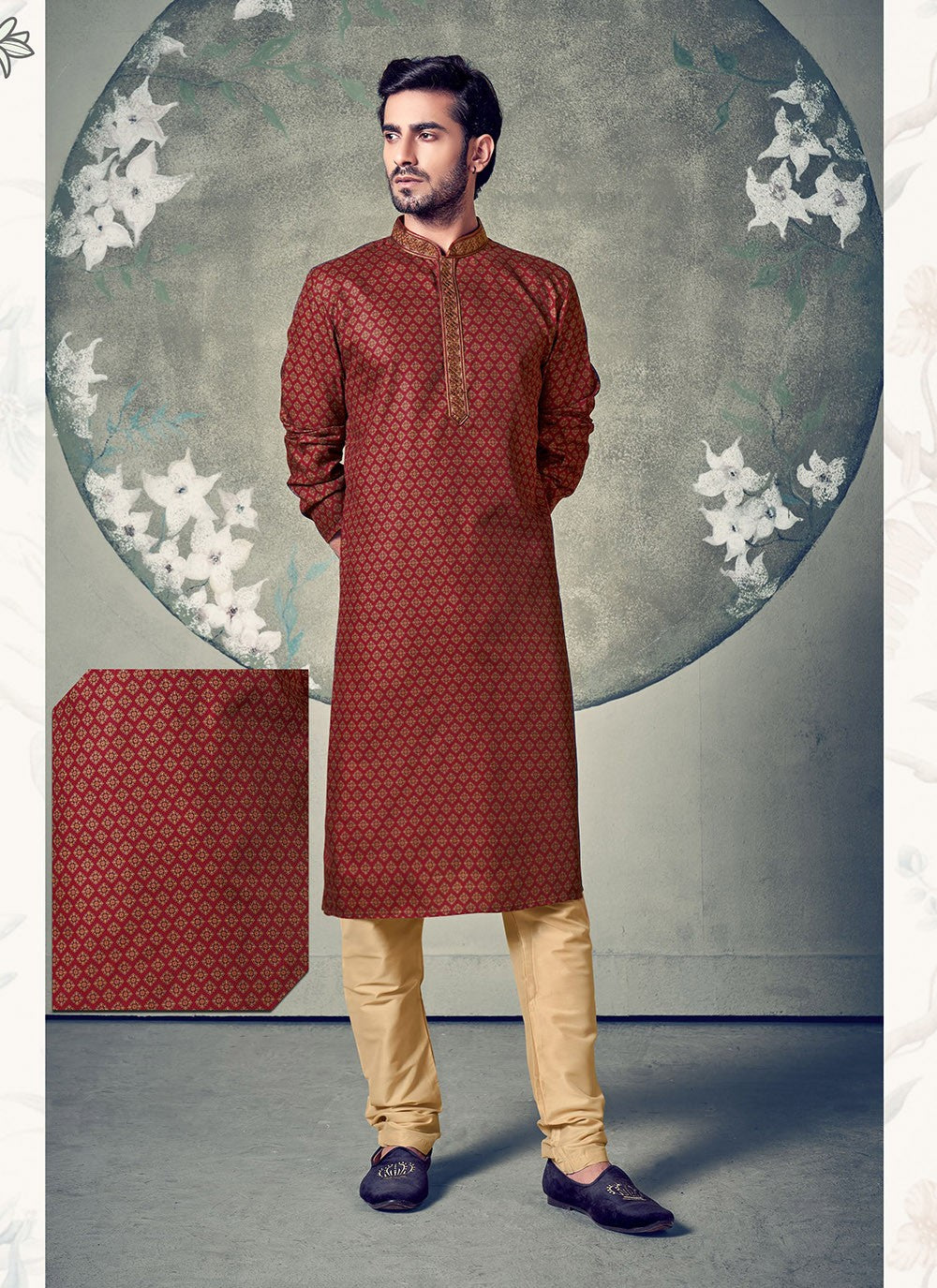 Digital Print Polly Cotton Maroon Kurta Pyjama - M2465