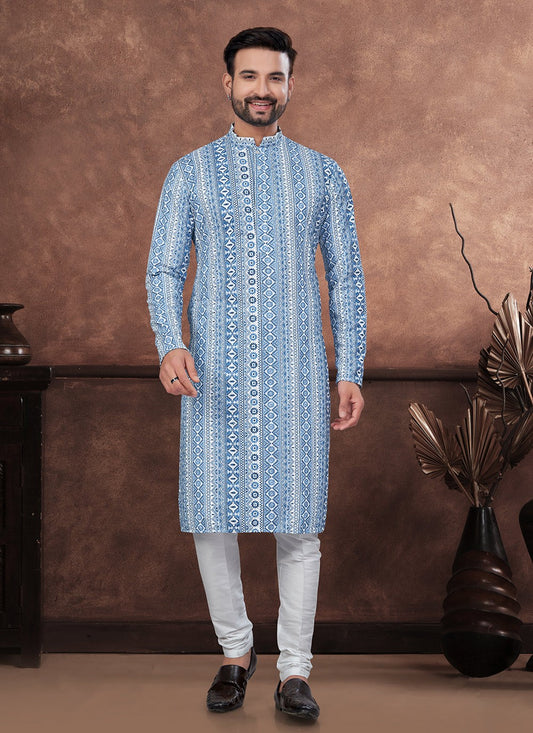 Digital Print Rayon Blue Kurta Pyjama - M8700