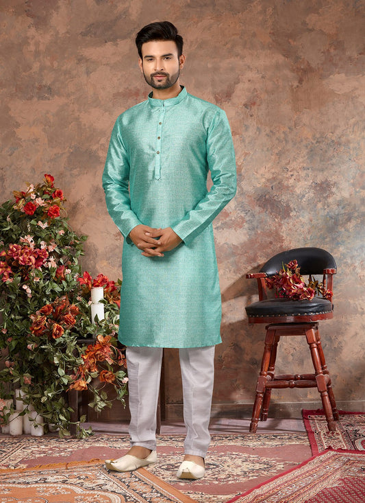 Digital Print Silk Firozi Kurta Pyjama - M3045