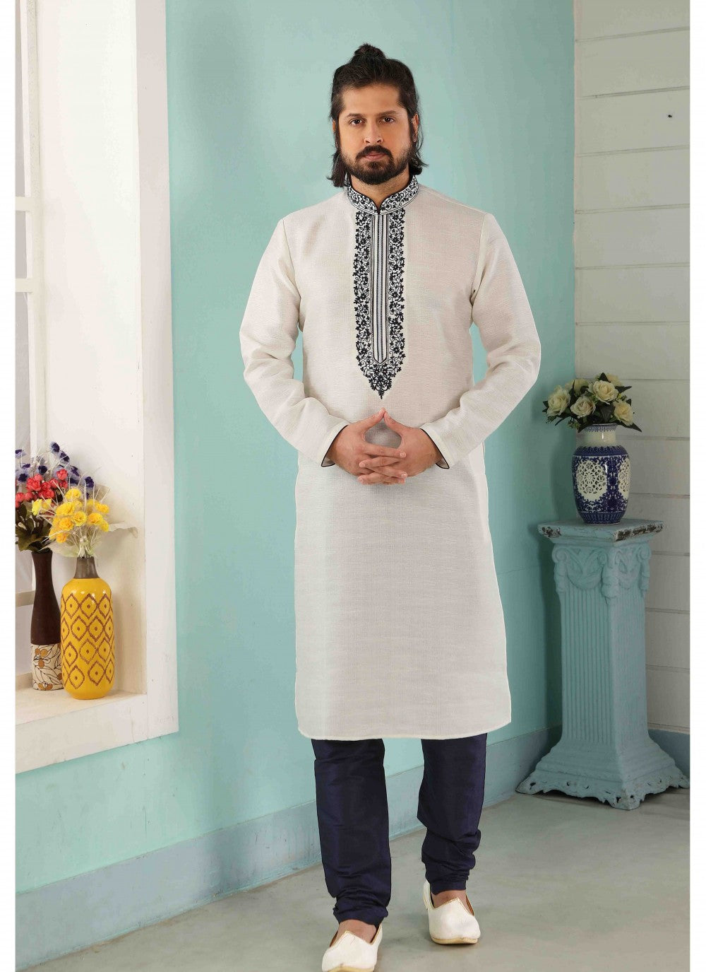 Embroidered Banarasi Silk Off White Kurta Pyjama - M1788