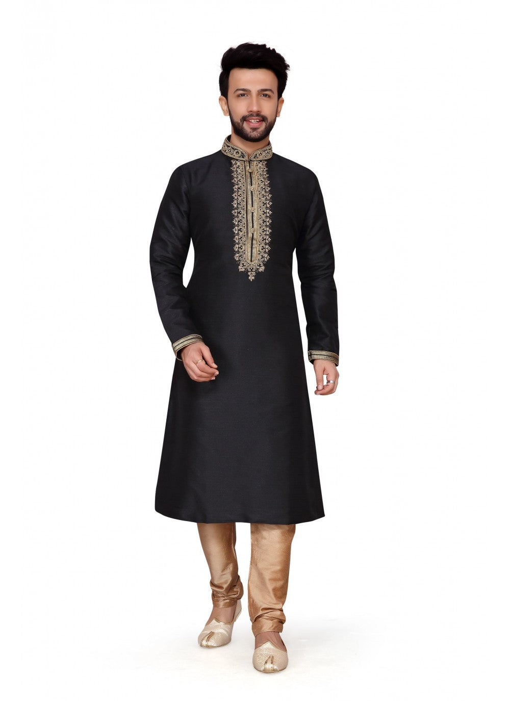 Embroidered Art Dupion Silk Black Kurta Pyjama - M1270