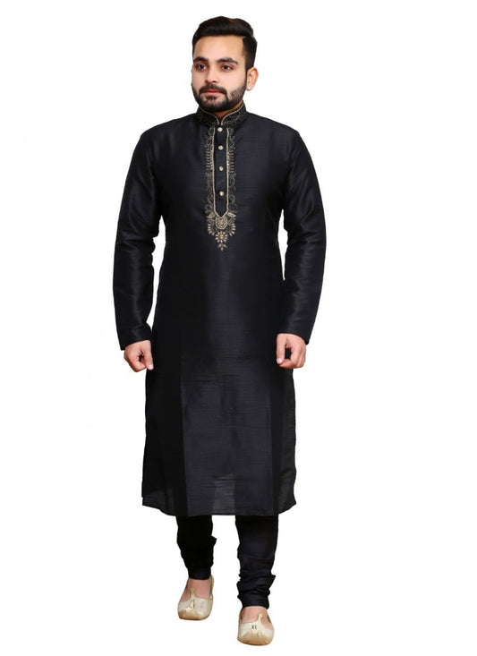 Embroidered Art Dupion Silk Black Kurta Pyjama - M1273