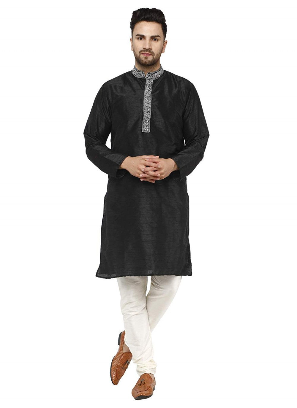 Embroidered Art Dupion Silk Black Kurta Pyjama - M1293