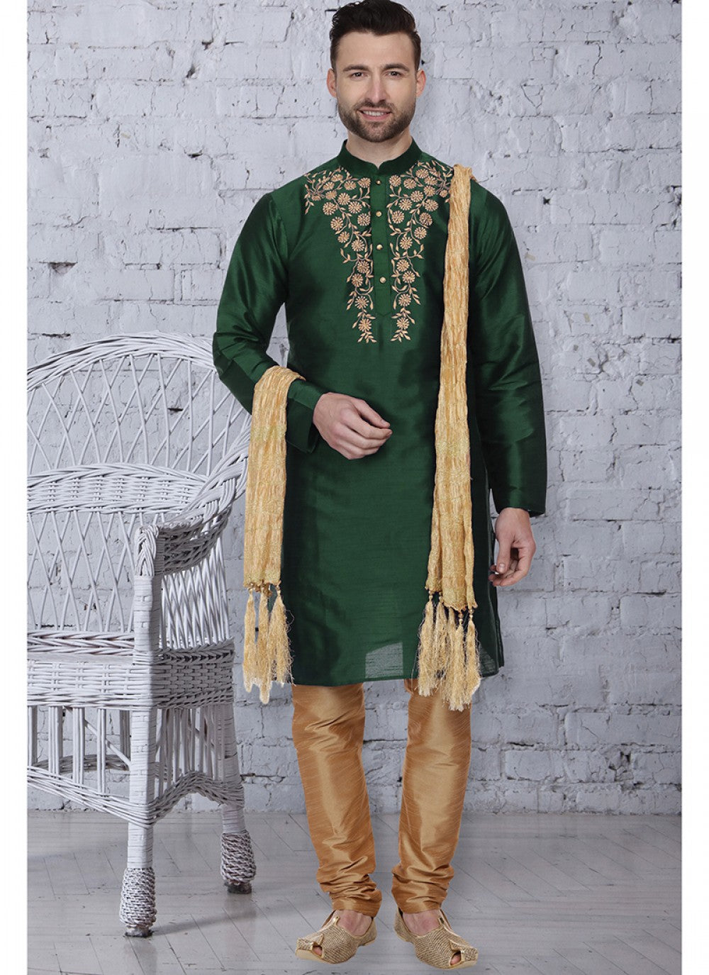 Embroidered Art Dupion Silk Green Kurta Pyjama - M1507