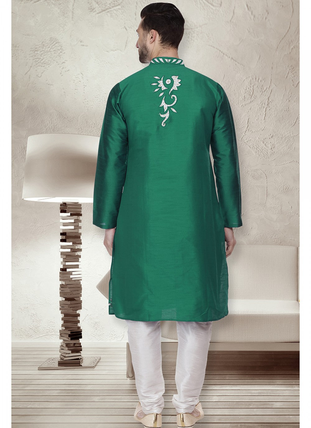 Embroidered Art Dupion Silk Green Kurta Pyjama - M1518