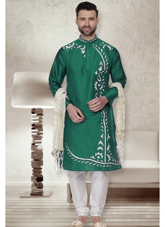 Embroidered Art Dupion Silk Green Kurta Pyjama - M1518