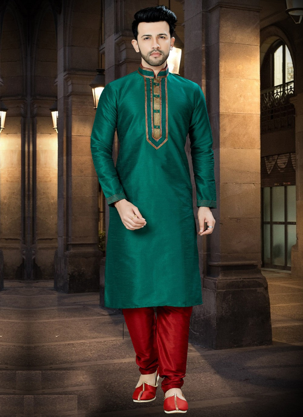 Embroidered Art Dupion Silk Green Kurta Pyjama - M1038