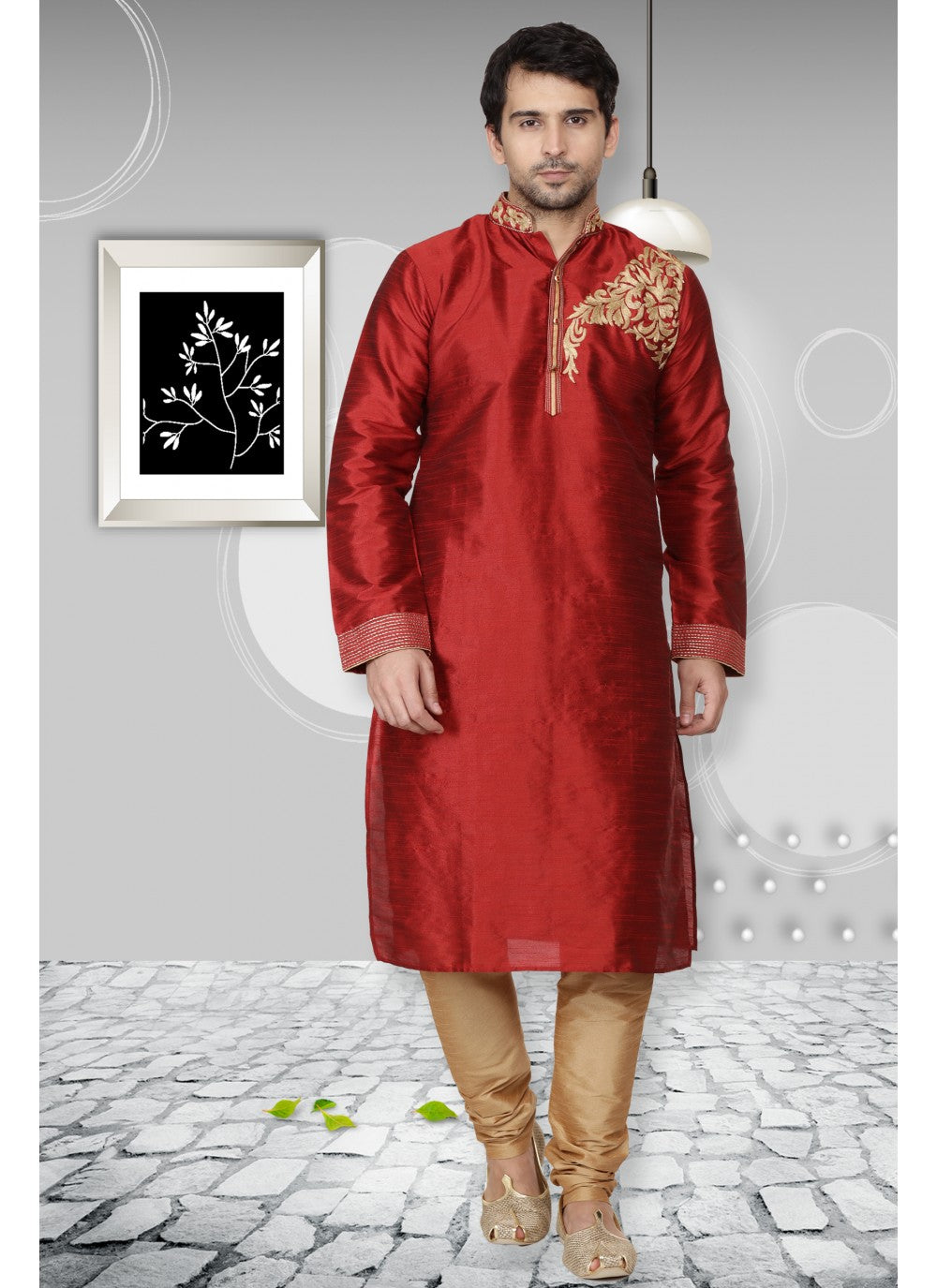 Embroidered Art Dupion Silk Maroon Kurta Pyjama - M1099