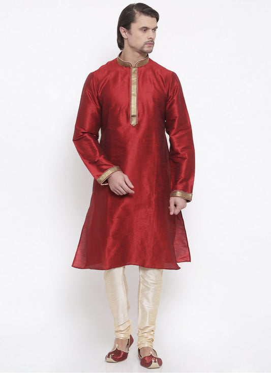 Embroidered Art Dupion Silk Maroon Kurta Pyjama - M1665