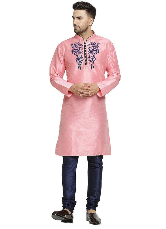 Embroidered Art Dupion Silk Pink Kurta Pyjama - M3503