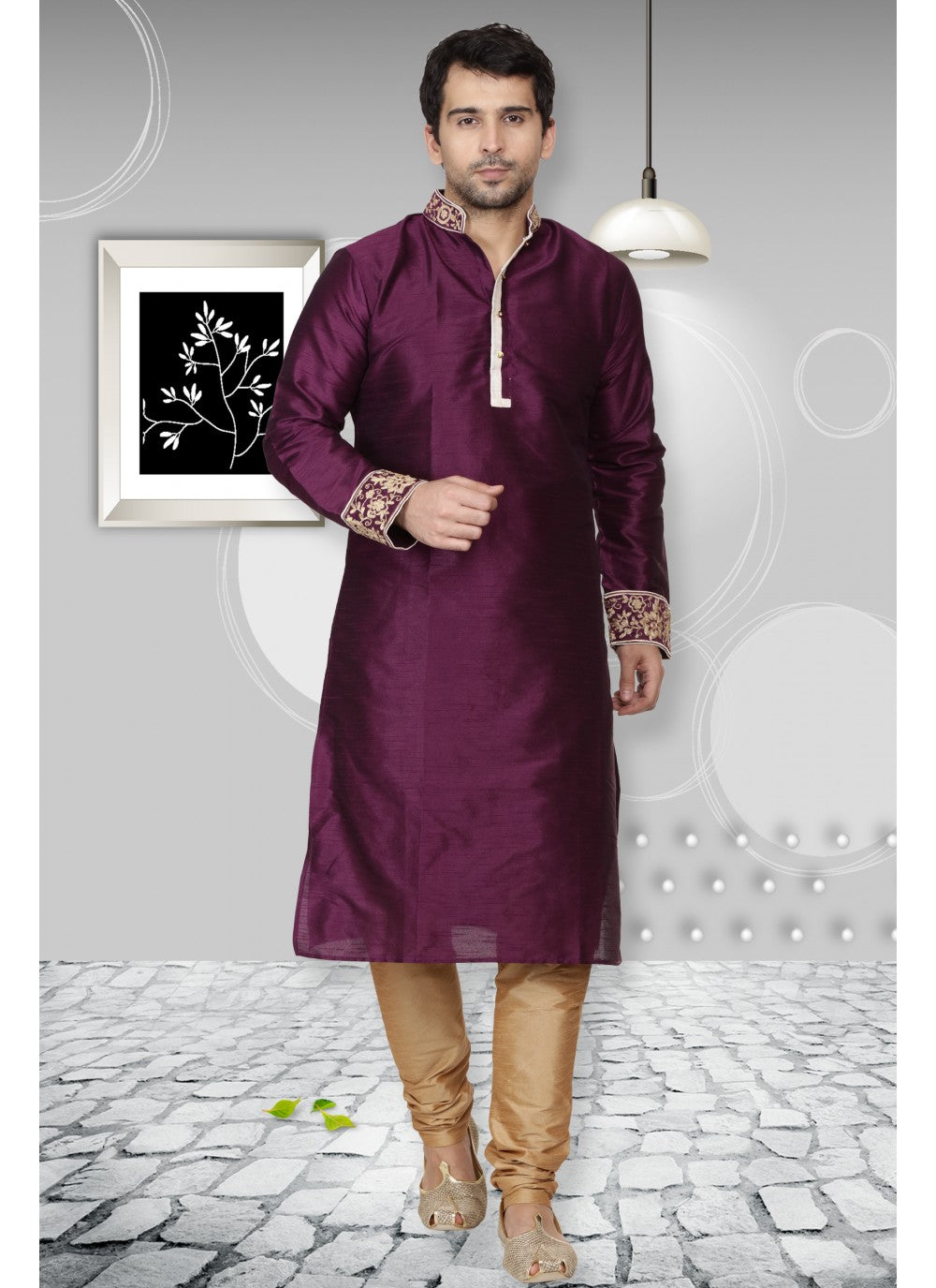 Embroidered Art Dupion Silk Purple Kurta Pyjama - M1103