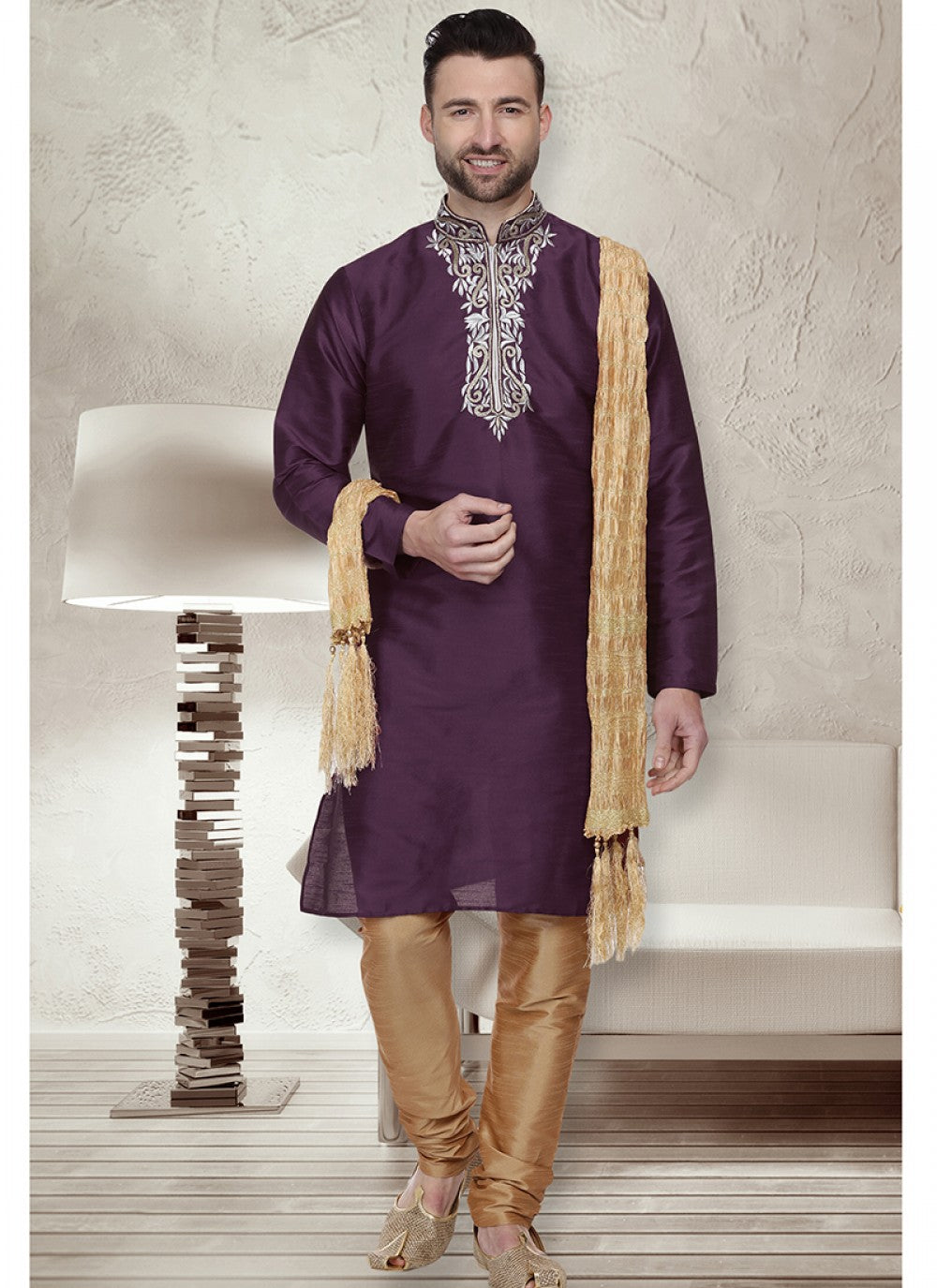 Embroidered Art Dupion Silk Purple Kurta Pyjama - M1497