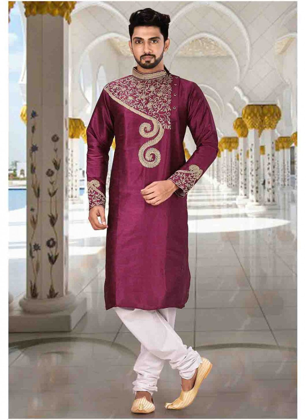 Embroidered Art Dupion Silk Purple Kurta Pyjama - M1602