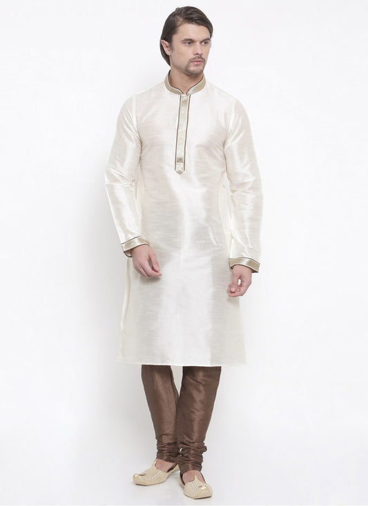 Embroidered Art Dupion Silk White Kurta Pyjama - M1652