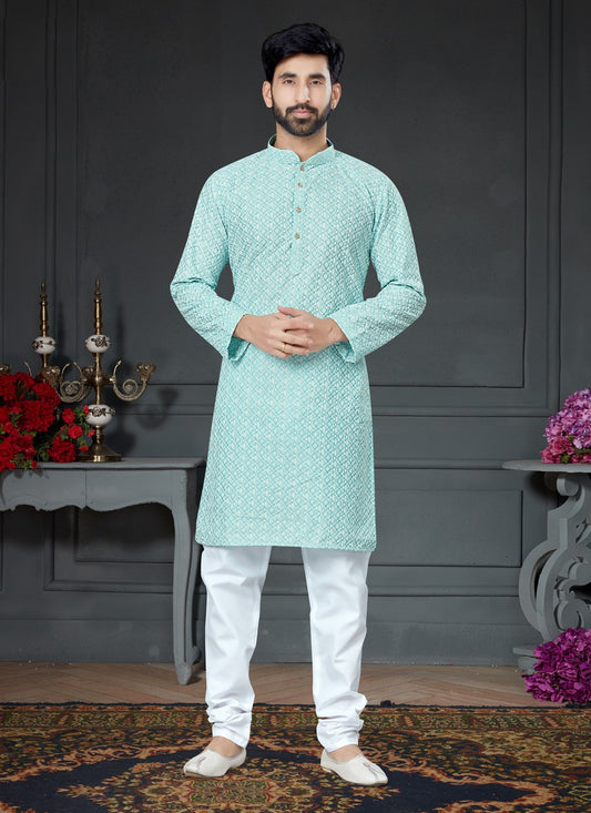 Embroidered Art Silk Cotton Sea Green Kurta Pyjama - M4142